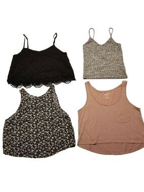 Set of 4 Tank Tops Summer Crop Tops Small Feminine Floral Lace Black/Pink/Grey